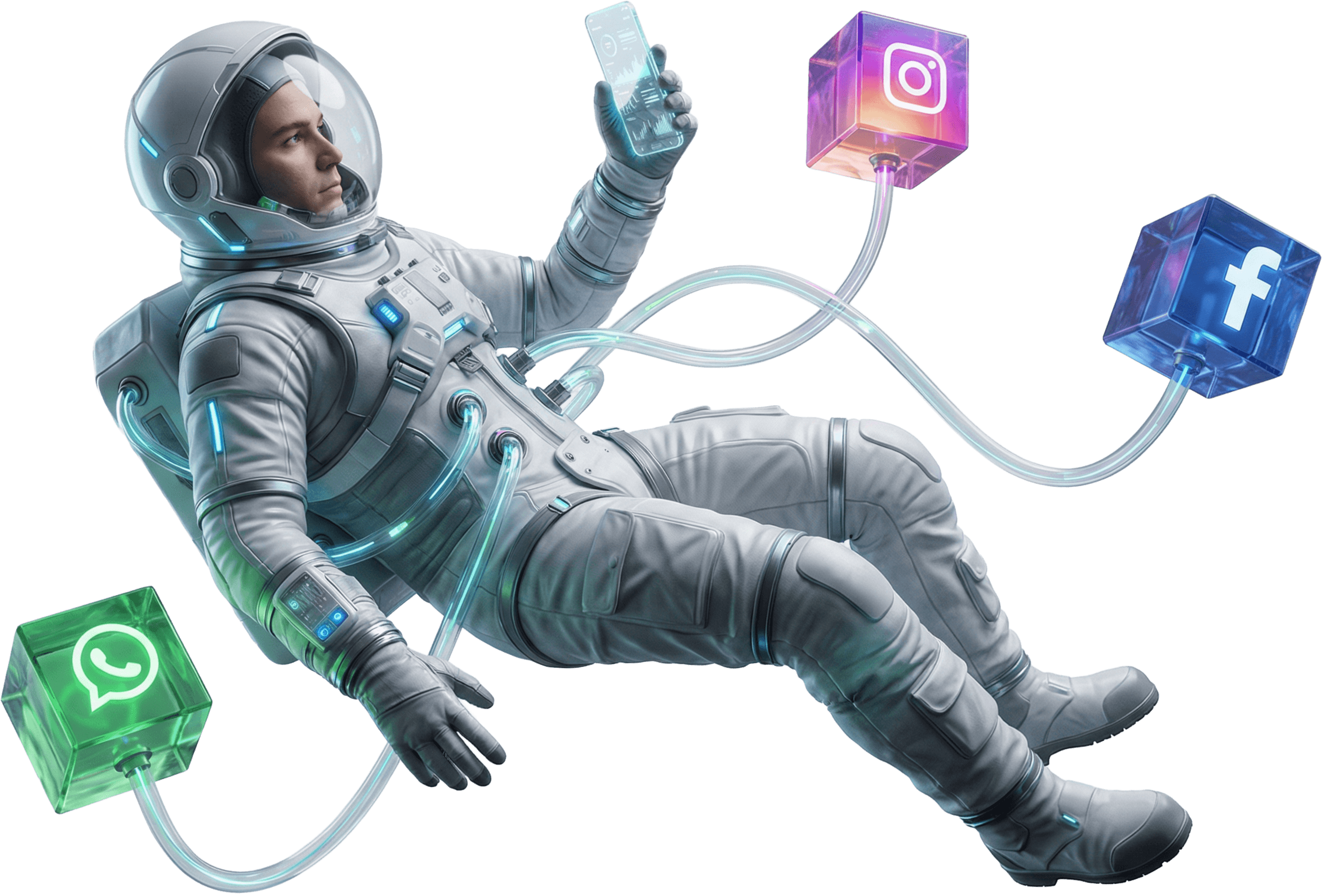 Astronaut connecting WhatsApp, Instagram, and Facebook channels